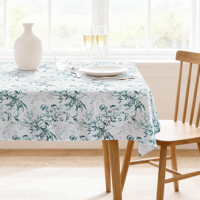 H.VERSAILTEX Linen Table Cloths Floral Printed Tablecloth Spill-Proof Waterproof Table Cover for Dining Buffet Feature Soft and Thick Fabric Wrinkle Free, 60 x 60 Inch, Vintage Botanical - Blue