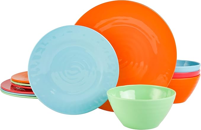 Gibson Home Brist Melamine Plastic Dinnerware Set, Service for Four (12pcs), Assorted II