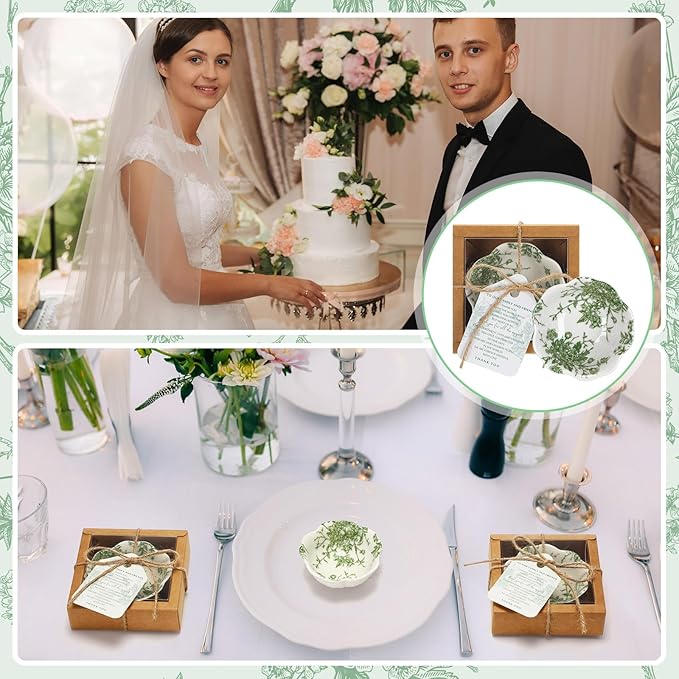 80 Pack Wedding Favors for Guests Small Ceramic Bowls Bulk Gifts Set 3.3 Inch Sage Green Verdure Design Mini Dipping Bowl Sauce Dish with Cards Box for Party Shower Favor Souvenir