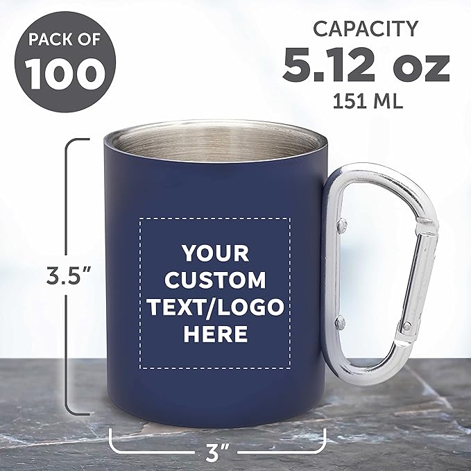 Custom Stainless Steel Mugs with Carabiner Handle 10 oz. Set of 100, Personalized Bulk Pack - Perfect for Coffee, Soda, Other Hot & Cold Beverages - Navy Blue