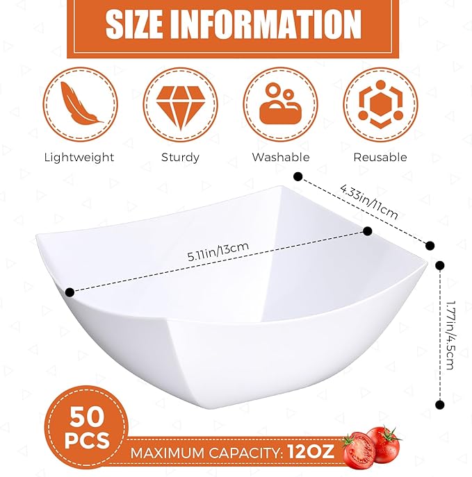 Tanlade 50 Pcs Square Plastic Serving Bowls Disposable Snack Salad Bowl Small Party Candy Bar Containers Taco Bar Serving Dishes for Buffet Chips Fruit(12 oz,White)