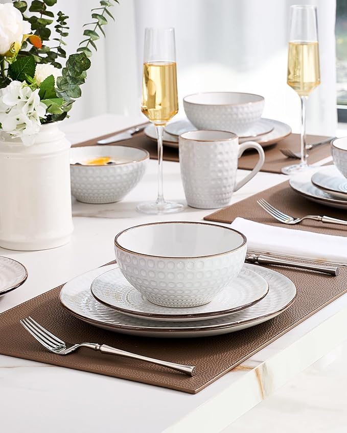 Famiware Eden Plates and Bowls Sets, Stoneware Dinnerware Sets with Gold Trim, 18 Pieces Dishes Set for 6 - Chip and Scratch Resistant, Microwave and Dishwasher Safe, White Circle