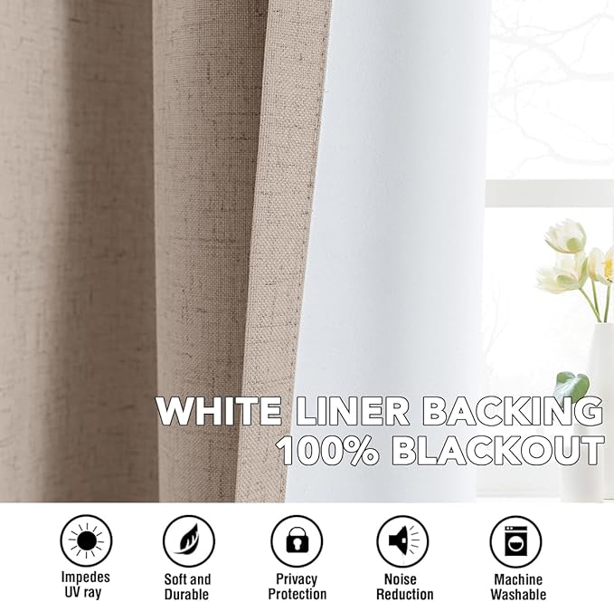 H.VERSAILTEX Linen Curtains 100% Blackout Curtains for Bedroom 45 inch Long Full Light Blocking Nature Linen Blended Window Curtains for Living Room Nickel Grommet (2 Panels, Heathered Sand)