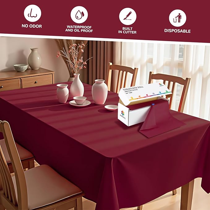 54 Inch X 200 Feet Plastic Table Cover Roll with Convenient Slide Cutter, Disposable Plastic Table Cloth Roll with Cut-to-Size Design for Weddings, Banquets, Parties (Burgundy)