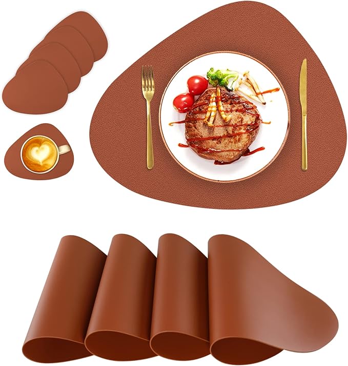 Modern Placemats for Round Table mats Set of 4 Wipeable Washable Leather Waterproof Round Placemats for Dining Table Mat Kitchen Table Mats Set Coffee Table Mats, Brown