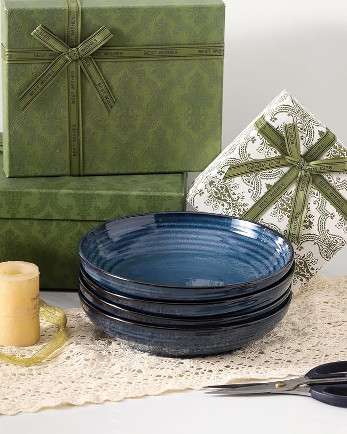 Ceramic Pasta Bowls, 8.7" Large Salad Bowls Set of 4, 32 oz Wide and Shallow Bowls, Farmhouse Bowl Plates for Kitchen, Gift for Housewarming Wedding, Microwave & Dishwasher Safe, Blue