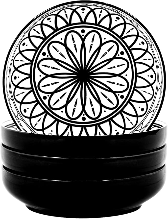 Yundu 38 Ounce Pasta Bowl Set of 4, Large Salad Serving Porcelain Bowls, Microwave Dishwasher Safe, Black