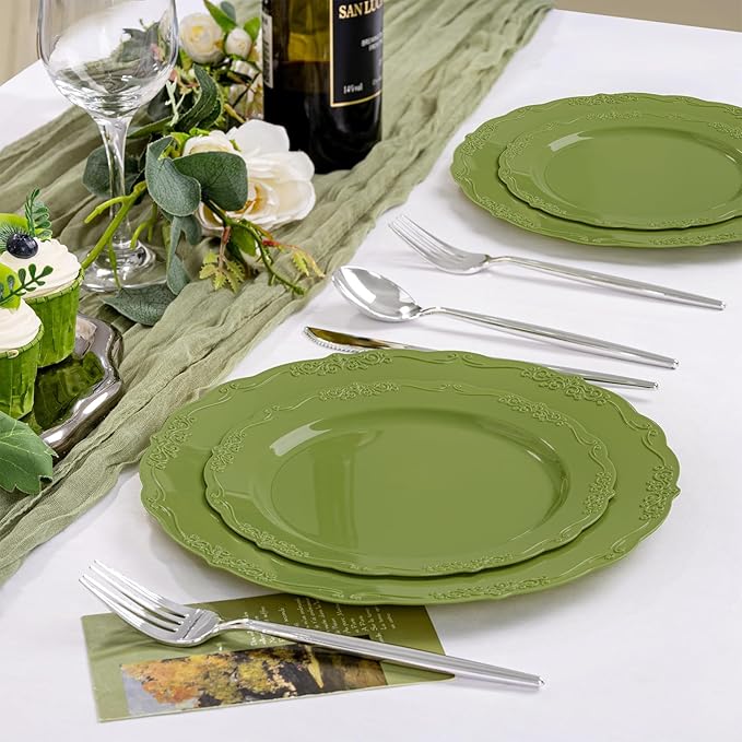 U-QE 100PCS Olive Green Plastic Plates - Plastic Green Plates Disposable Heavy Duty - Olive Disposable Plates for Party Including 50PCS 10'' Dinner & 50PCS 7.5'' Dessert Plate