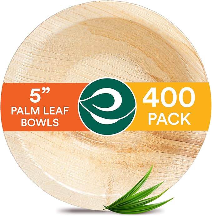 ECO SOUL Palm Leaf Bowl 400 pc, Small 5" (8 Oz) | Round Like Bamboo Bowls, Compostable, Biodegradable, Disposable Palm Leaf Bowls Eco-friendly | Sturdy, Microwave & Oven Safe