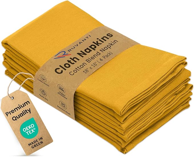 Ruvanti Cloth Napkins Set of 4, 18x18 Inches Napkins Cloth Washable, Soft, Durable, Absorbent, Cotton Blend. Table Dinner Napkins Cloth for Hotel, Lunch, Restaurant, Wedding Parties - Mustard