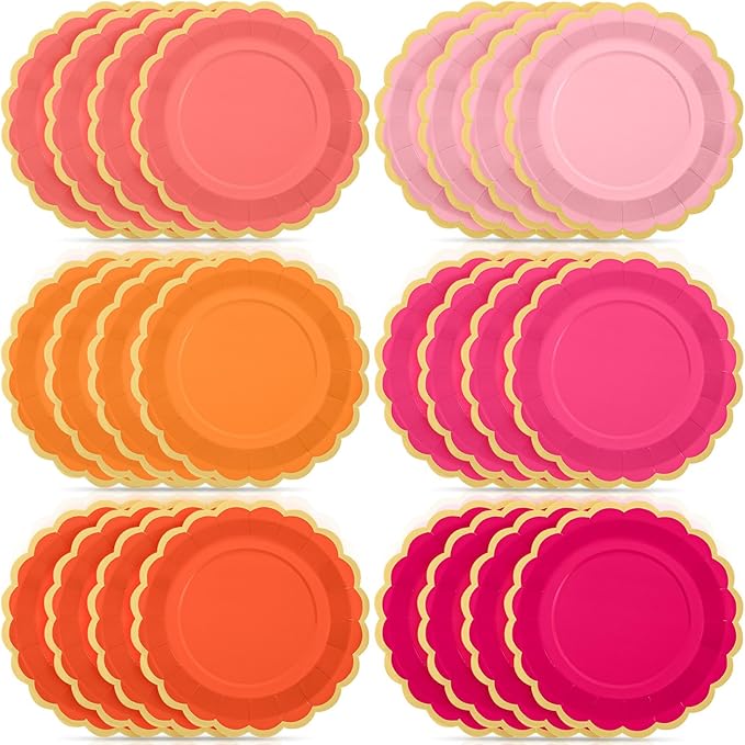 48 Pcs Pink and Orange Paper Plates 9 Inch Scalloped Paper Plates Disposable Dinner Dessert for Birthday Wedding Bridal Party Supplies, 6 Colors