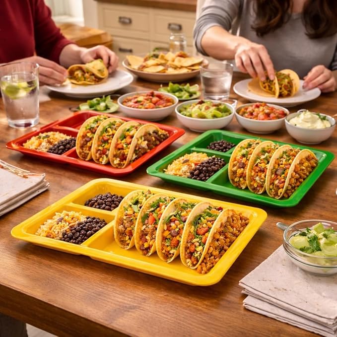 Dependable Industries inc. Essentials Set of 3 Rectangular Taco Holder Plates – BPA-Free Plastic Taco Trays with Dividers, Stackable, Microwave & Dishwasher Safe
