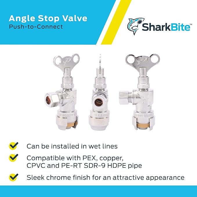 SharkBite 1/2 x 3/8 Inch Compression Angle Stop Valve, Loose Key Quarter Turn, Push to Connect Brass Plumbing Fitting, Chrome Finish, PEX Pipe, Copper, CPVC, PE-RT, HDPE, 24731LF