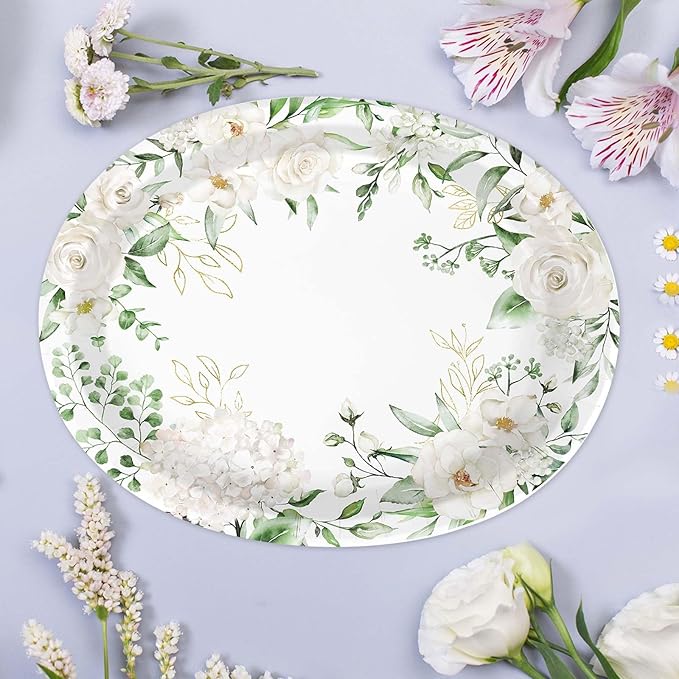 50PCS White Floral Oval Paper Plates 10"X12" Eucalyptus Flower Plates Disposable Heavy Duty Green Leaves White Flowers Tablewre Spring Blossom Flowers Dinnerware for Wedding Birthday Bridal Shower