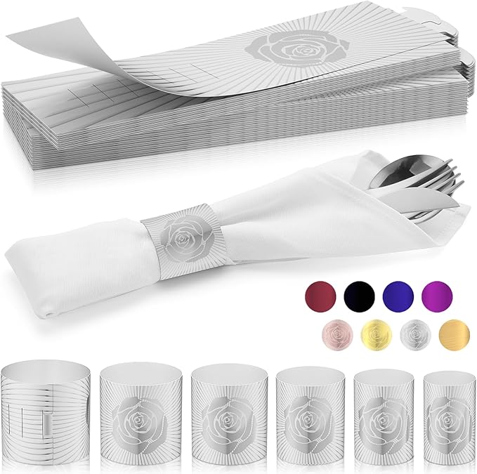 Christmas Napkin Rings Set of 50, 2 Colors in 1, Reusable Adjustable Napkin Bands for Holiday Parties, Wedding, Thanksgiving Table Decor, Waterproof Tear-Proof (Silver) Great Gift Idea