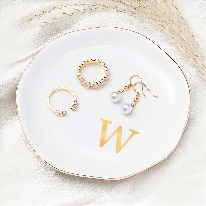 ProCase Ceramic Jewelry Tray, Initial Ring Dish Trinket Plate Engagement Gift, Small Personalized Monogram Ring Bowl for Wedding, White Decorative Jewelry Holder for Women Vanity -Letter W