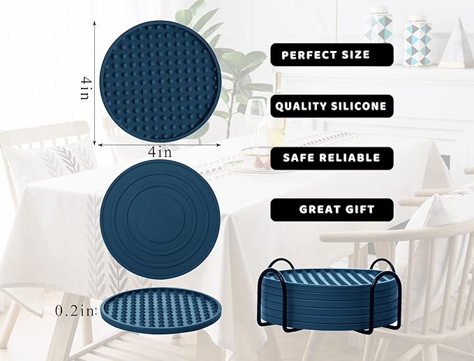 Coasters for Drinks 6 Pack Drinking Coasters with Holder,Heat Resistant Silicone Cup Mat Tabletop Protection,Non-Slip Rubber Coaster for Kinds of Cups (Blue)