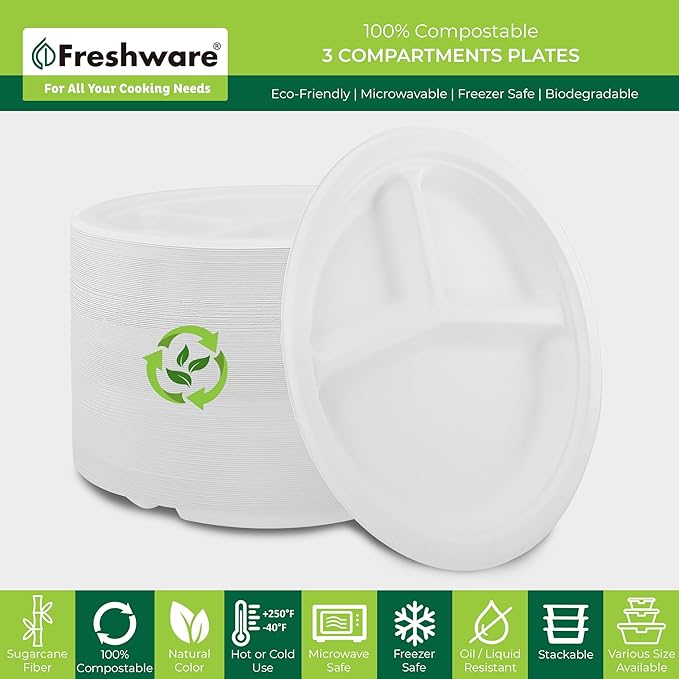 Freshware Paper Plates - Disposable 10" Plate, 500-Pack, Biodegradable Sugarcane Dinner Plates - Heavy Duty Dinnerware - Microwave & Freezer Safe, Stackable Dinnerware - 3-Compartment