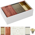 Sarlai 33 White Farmhouse Kitchen Sink - 33x20 Inch Undermount Kitchen Sink Workstation Apron Front Ceramic Fireclay Single Bowl Farmer Sinks Basin With Gold Accessories