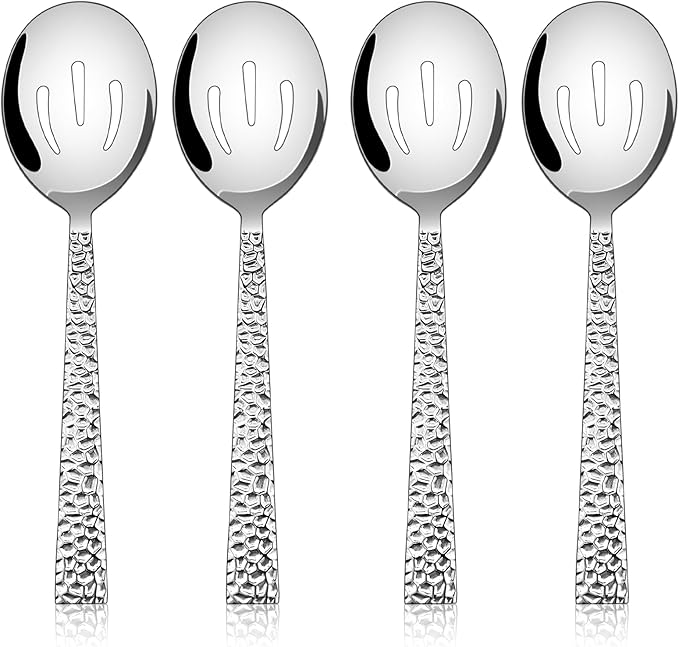 E-far Hammered Slotted Serving Spoons, 4-Piece Stainless Steel Tablespoons Hostess Serving Utensils Set for Catering Buffet Party Wedding Kitchen Restaurant, Dishwasher Safe