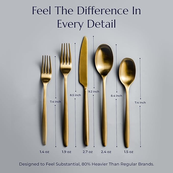 JazzUpCo Ava Flatware Flatware non toxic 18/10 stainless steel dishwasher safe (Matte Gold, 12 Person Set (60 Pieces))