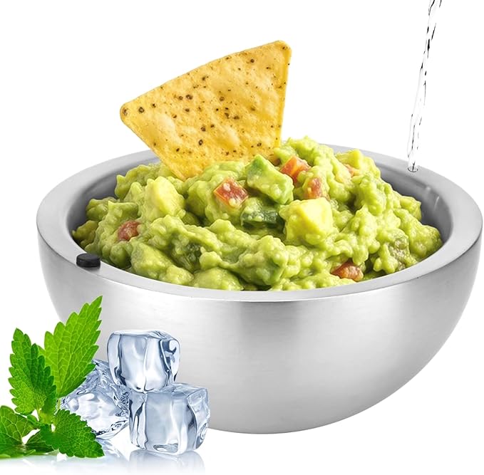 Joyibay 7.87 Inch Dip Chiller Bowl Long-Lasting Stainless Steel Salad Bowl, Stylish Insulated Double-Wall Serving Bowl with Water Injection Hole, Versatile for Keeping Food Hot or Cold