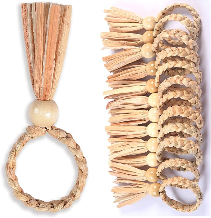 12 Pcs Bead Woven Napkin Rings, Water Hyacinth Easter Napkin Rings Set of 12, Anillos para Servilletas De Tela, Boho Napkins Holder for Elegant Table Decoration, Christmas Table Decor, Wedding Decor