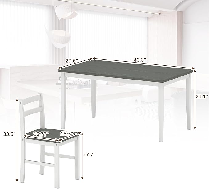 5 Piece Dining Table Set, Solid Wood Dining Table Set for 4, Farmhouse Table and 4 Chairs Set, 43.3'' Rectangular Kitchen Table Set for 4, Grey & White