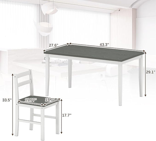 5 Piece Dining Table Set, Solid Wood Dining Table Set for 4, Farmhouse Table and 4 Chairs Set, 43.3'' Rectangular Kitchen Table Set for 4, Grey & White