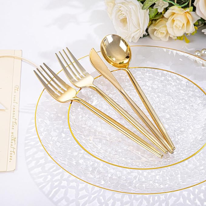Rubtlamp 150Pcs Plastic Plates, Heavy Duty Clear Plates With Gold Rim, Hammered Gold Dinnerware Set Include 30 Dinner Plate, 30 Dessert Plate, 90 Plastic Silverware