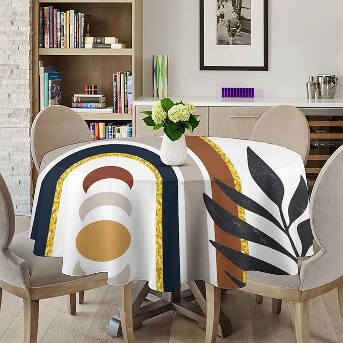 Mid Century Boho Round Tablecloth, Modern Abstract Sun Moon Bohemian Leaves Tablecloth for Home Party Dining Room Kitchen Decor 60Inch(152cm)