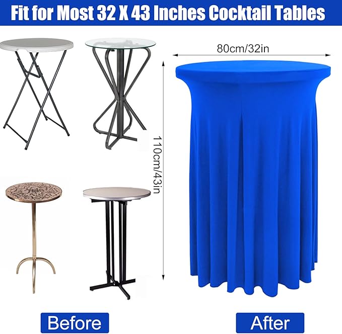 4 Packs 32 x 43 Inch Spandex Round Cocktail Table Skirts Spandex Cocktail Table Covers with Wavy Drapes Stretch Cocktail Tablecloth Fitted High Top Tables for Wedding Bar Party Banquet (Royal Blue)