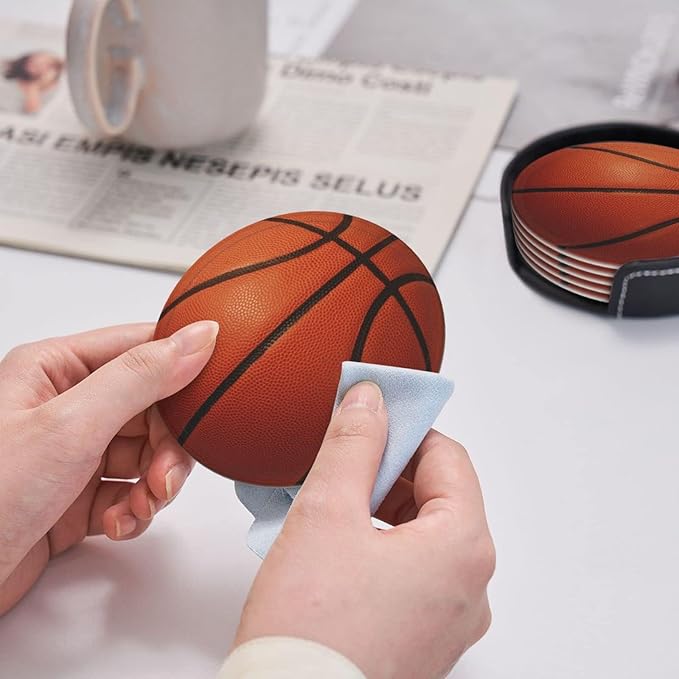 Basketball Coasters for Drinks with Holder Leather Coasters Set of 6 for Coffee Table