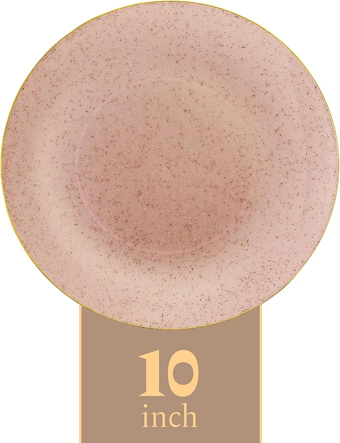 PLASTICPRO 30 Pack Disposable Plastic Plates Heavyweight Granite Look Elegant 10 inch Dinner Plates Pink with Gold Rim