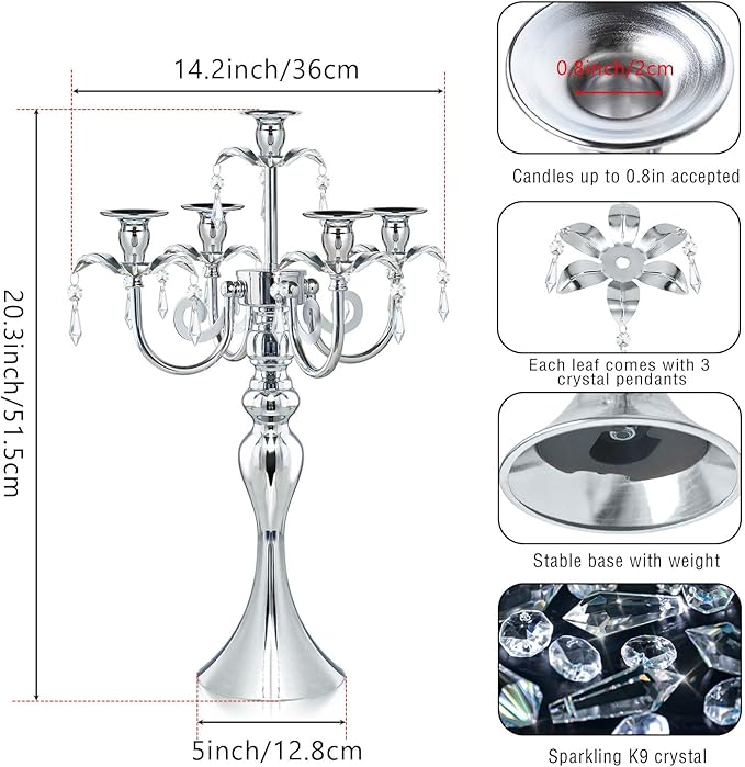 20.3'' Tall 5 Arm Candle Holder Centerpiece for Table, Metal Candelabra Candle Holder, Retro Candlestick Table Centerpieces for Party, Events, Home, Wedding Decor (1Pc, Silver)