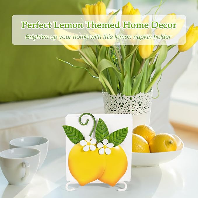 Lemon Napkin Holder for Table - Tissue Holder for Spring Home Decor, Vintage Home Yellow Kitchen Counter Decor and Accessories, Lemon Housewarming Gifts for Women, 3D Handmade Pattern, Metal