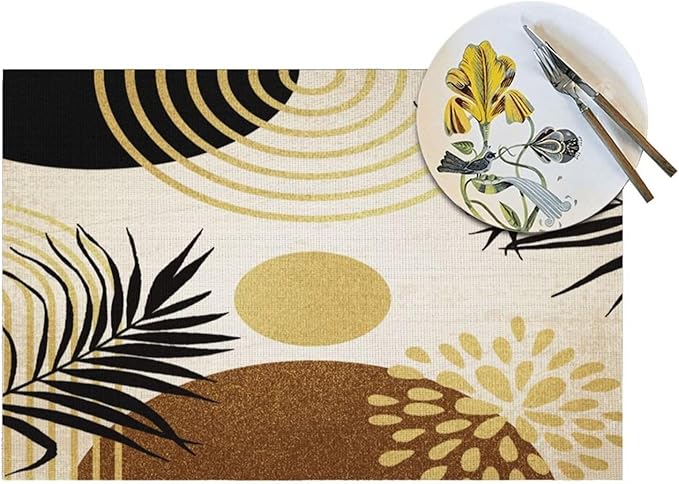 Boho Mid Century Placemats Abstract Golden Dots Leaves Modern Geometric Minimalist Aesthetic Washable Place Mats 12x18Inch for Dining Kitchen Farmhouse Decor 4 PCS