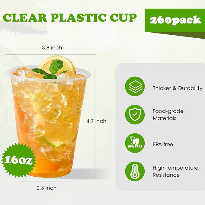 Lilymicky 260 Pack 16 oz Clear Plastic Cups, Cold Disposable Plastic Drinking Cups for Parties, Picnic, BBQ, Travel, and Events