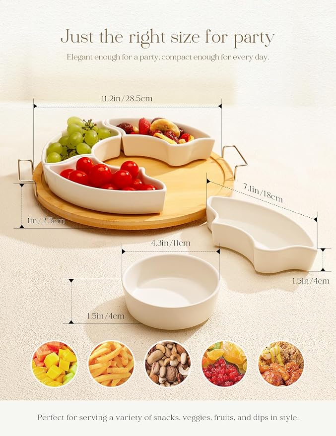 Ceramic Divided Serving Dishes with Bamboo Tray,360° Rotatable Serving Bowls with Handles for Party,5 Removable Relish Tray,11.2 Inch Appetizer Serving Dish for Chips & Dip, Veggies, Candy & Snacks