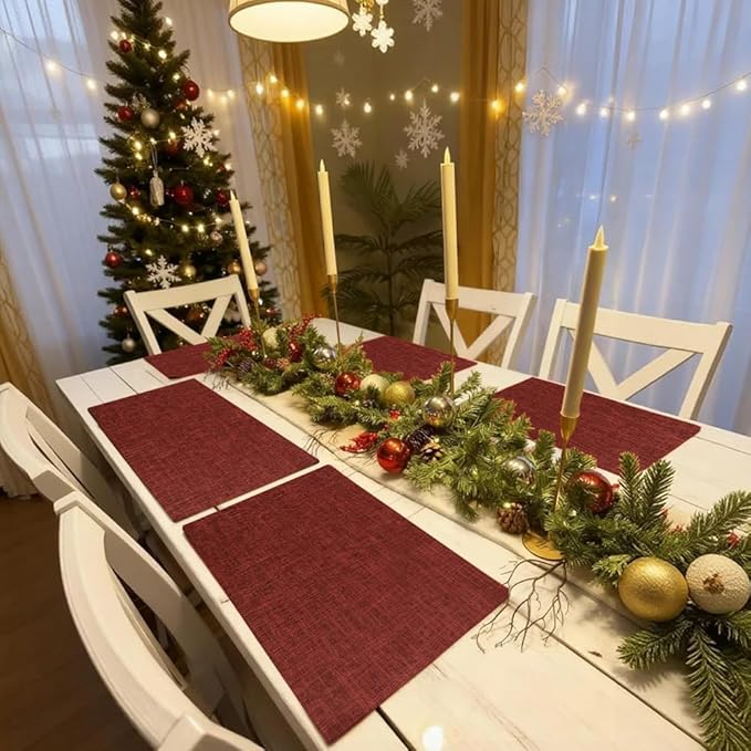 Red Placemats Set of 8, Washable Dining Table Mats Cloth Place Mats, Elegant Placemats for Valentines Day Holiday, Heat Resistant Kitchen Burgundy Place Mats, Easy to Clean(Burgundy)