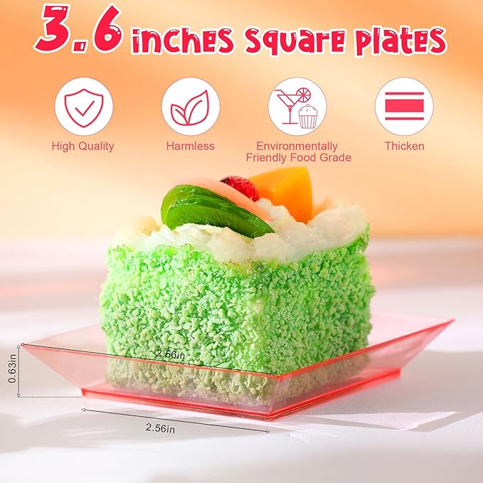 Zhehao 100 Pcs Plastic Dessert Appetizer Plates Disposable, 3.6 x 3.6 Inch Small Square Plastic Dessert Cake Plate for Party, Valentine's Day Wedding Birthday Bridal Baby Shower Supplies (Red Clear)