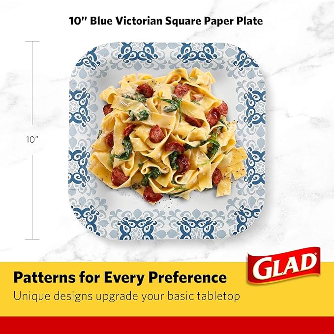 Glad Square Disposable Paper Plates, Blue Victorian Pattern - Strong, Sturdy, Soak Proof, and Microwavable Decorative Plates for Dinner and Everyday Use, 10 Inch, 50 Count - 12 Pack