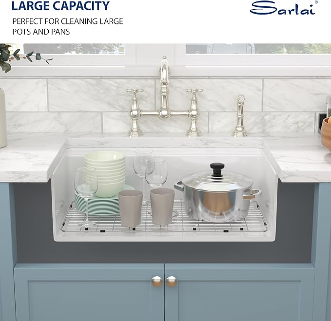 Sarlai White Undermount Kitchen Sink 33 Inch White Sink Ceramic Kitchen Sinks Drop In Single Bowl Ledge Workstaion Topmount Fireclay Basin 33 x19 x10 Inch