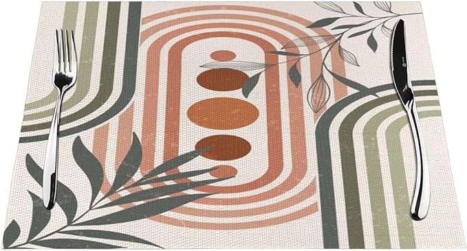 Mid Century Boho Sage Placemats, Abstract Bohemian Mid Century Plant Leaf Rainbow Dots Washable Place Mats 12x18Inch for Dining Kitchen Farmhouse Decor 4 PCS