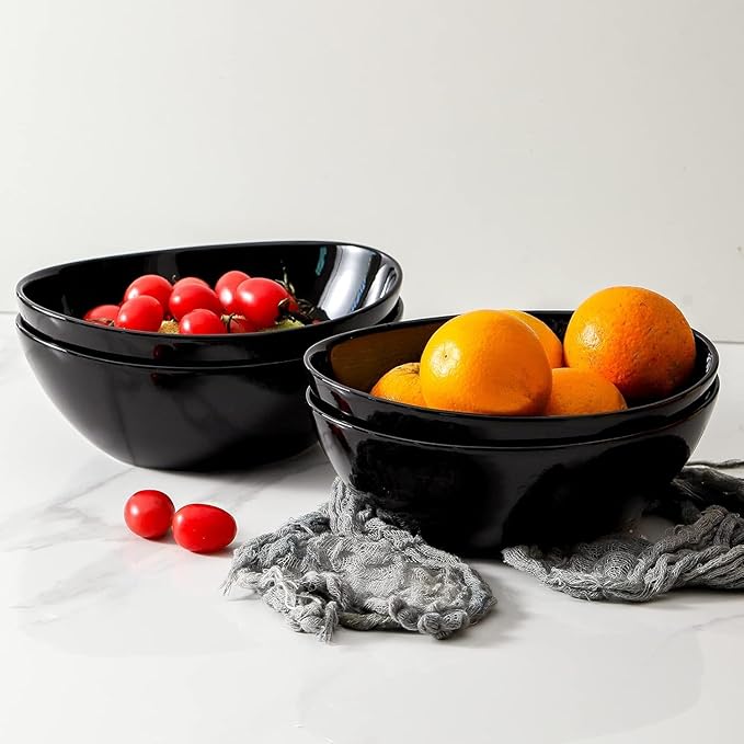 Hasense 40oz Salad Bowls, Large Serving Bowls, Porcelain Soup Bowls for Kitchen, Porcelain Ceral Bowls for Entertaining Parties, Dishwasher Microwave Safe, Set of 4, Black