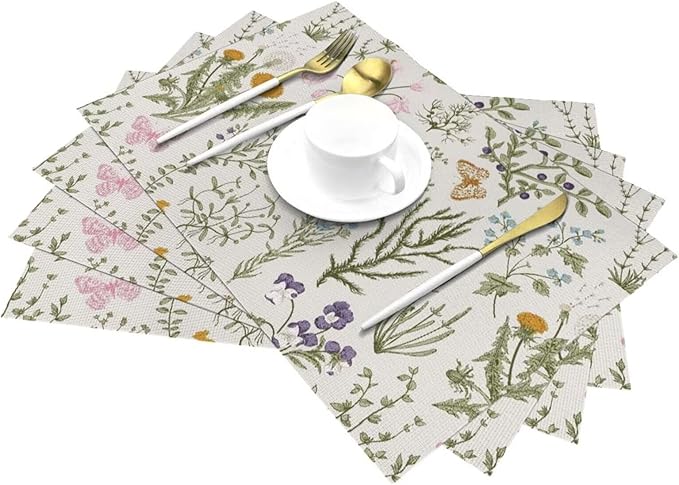 Placemats Set of 6 Vintage Wildflower Herbs Floral Rustic Butterfly Place Mats Floral Woven Table Mats Washable PVC Placemat for Dining Kitchen Decor Indoor Outdoor, 12 x 18 Inch