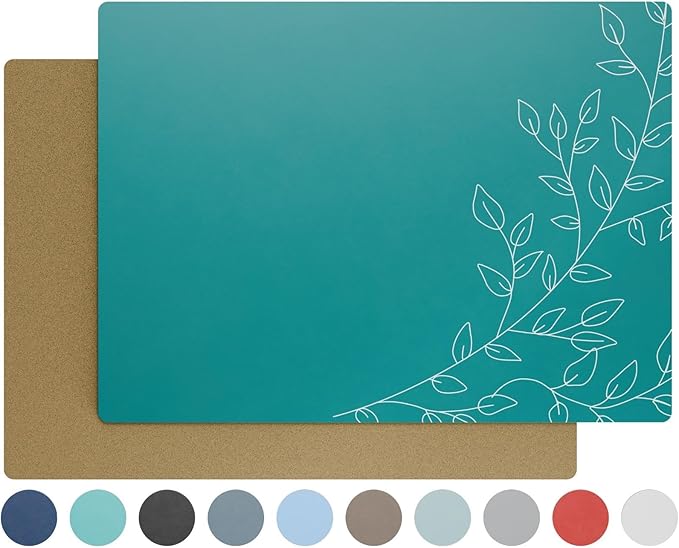 Royalty Art Deep Sea Green Boho Placemats, 4 Pc. Set, Non-Slip Cork Backed, Wipeable Heat Resistant Surface for Kitchen and Dining Table Protection, Cute Floral Pattern for Farmhouse or Rustic Decor