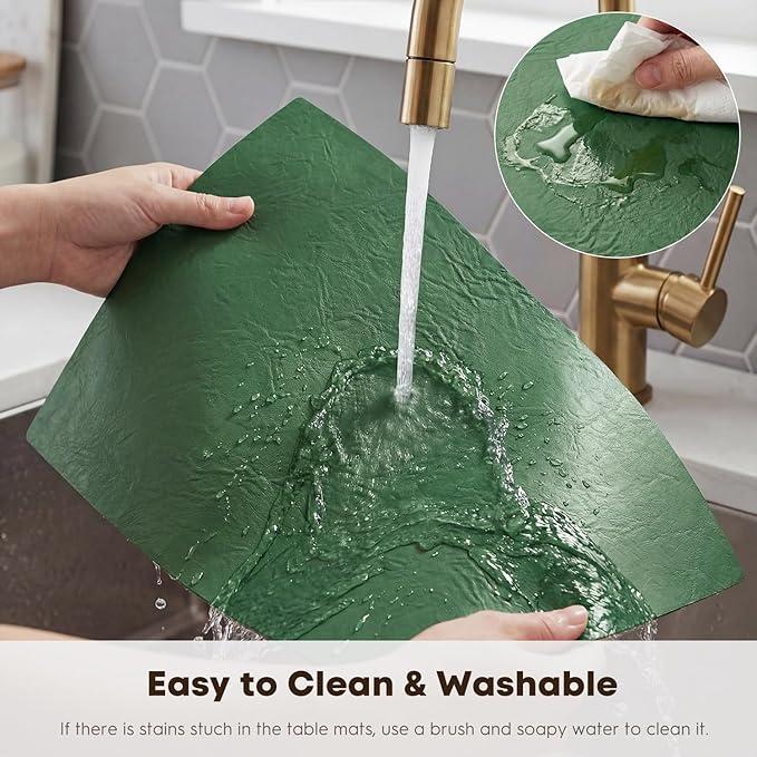 Artoid Mode Green Faux Leather Placemats Set of 6, 12x18 Inch Waterproof Wipeable Heat Resistant Vinyl Place Mats, Reversible Table Mats for St. Patrick's Day Dining Decor