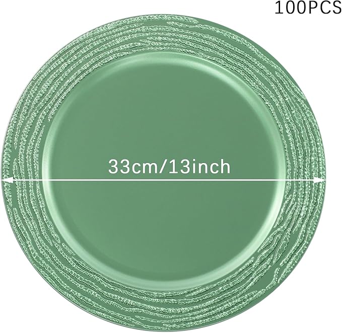 100 Pcs Green Charger Plates Bulk, 13 Inch Antique Plastic Round Chargers Set, Textured Decorative Dinner Plates for Wedding Party Banquet Event Festival Table Decoration (Green)
