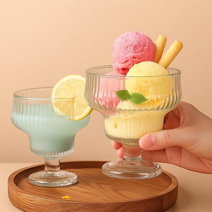 Set of 6 Glass Ice Cream Bowls, 10 Oz Vintage Heavy Base Footed Dessert Cup Set, Stripes Clear Embossed Glass Serving Bowls for Sundae, Ice Cream, Fruit, Parfait